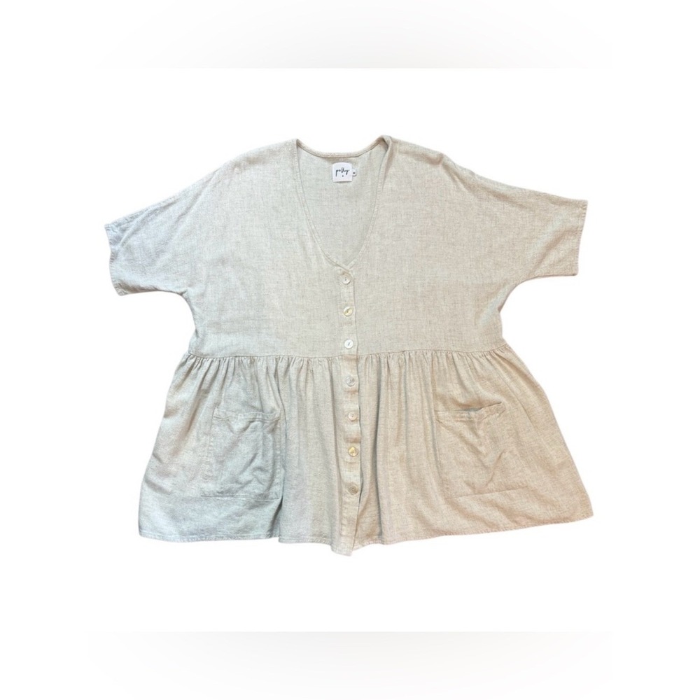 Polly Oatmeal 100% Cotton Textured Button Down Babydoll Peplum Tunic Top M/L - Picture 2 of 7